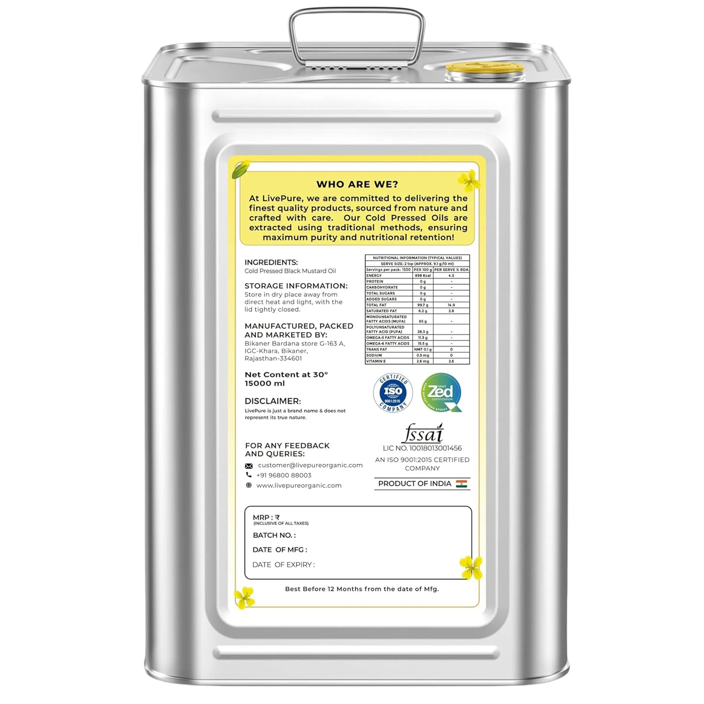 Cold Pressed Mustard Oil - 15 Litre